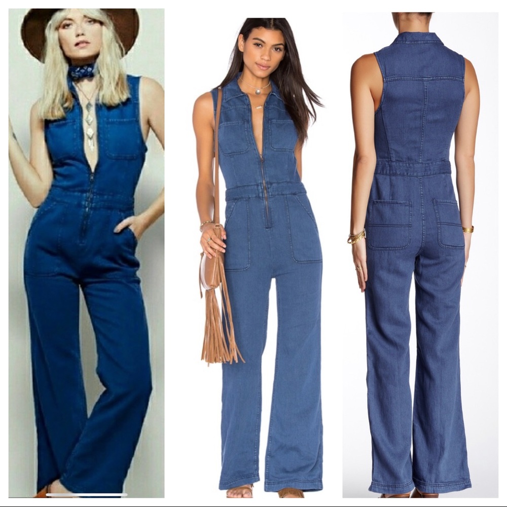 Free People Wind More Retro Denim Jumpsuit